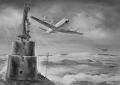 Contractor art circa 1960 showing a P-3 crew doing one of its intended jobs, hunting submarines—or, in this case, harassing a surfaced submarine. In the background, a crew flying one of the two aircraft the then-new Orion will replace, a P2V Neptune, is still on station.