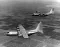 The second YC-130 prototype, the first aircraft off the line, was used in the ground-based static test program, and was finally flown for the first time on 21 January 1955. The crew consisted of Roy Wimmer (pilot), Joe Ware (copilot), and Jack Real (flight/flight test engineer). The flight, a repeat of the test card of the first flight of the first aircraft, lasted just over an hour. This aircraft (Air Force serial number 53-3396) was scrapped in 1960. Here, the two YC-130 prototypes are shown in formation, circa 1955.