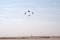 A diamond formation of F-16s from the Royal Jordanian Air Force performs a bomb burst maneuver after passing their approach target at Mwaffaq Salti Air Base, Jordan, during Falcon Air Meet 2009.