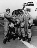 The Four Horsemen were the world's only four engine per aircraft demonstration team. Flying four C-130As in close formation, the team would perform a number of manuevers over a twenty-three minute airshow. The Horsemen were (from left) team lead Capt. Gene Chaney, Capt. Bill Hatfield, Capt. James Akin, and Capt. David Moore. They flew with a rotating cast of squadron copilots who were all aircraft commanders and instructor or standardization/evaluation pilots. For demos, the pilots also flew with a flight engineer and a scanner, normally an aircraft mechanic.
