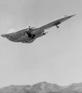 The first unofficial flight of the first A-12 occurred on 25 April 1962 with Lockheed test pilot Lou Schalk at the controls. He made a second flight with the gear down on 26 April. Schalk also piloted the first official flight (shown here) on 30 April when the landing gear was retracted for the first time. The aircraft flew at supersonic speeds on the next flight.
