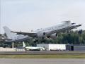 June 1997: The Flying Test Bed, the converted 757 airliner that will be used to support F-22 avionics development, arrives in Seattle. The aircraft, which had been modified in Wichita, Kansas, sports an F-22 integrated into its forebody.